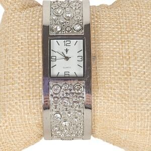 Women's Bangle Watch Silver Square Dial Rhinestones Formal Glam Dressy, Tested